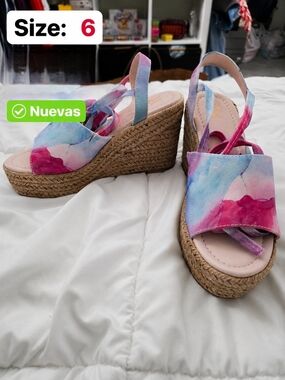 New York & Company Pink and Blue Tie-Dye Espadrille Wedge Sandals